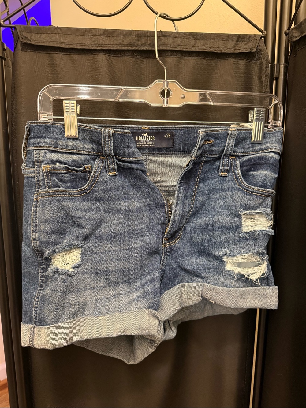 Hollister Women's Mid-Blue Distressed Rolled Hem Denim Shorts